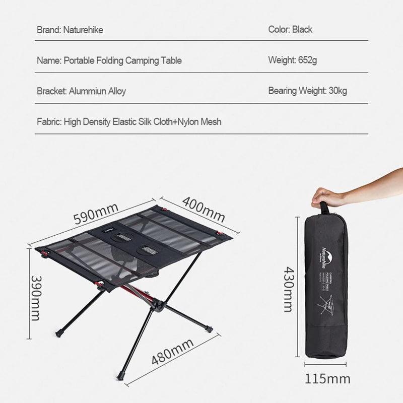 Naturehike-Lightweight Folding Table, Camping Side Tables with Cup Holders, Portable Compact Table with Carry Bag Included