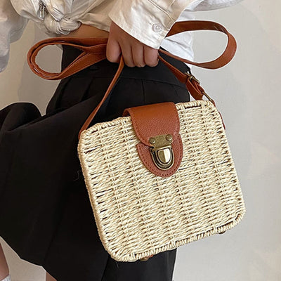 Handmade Candy Color Women's Straw Bag Female Shoulder Crossbody Bags Bohemia Summer Woven Beach Bag Knitted Square Box Handbag